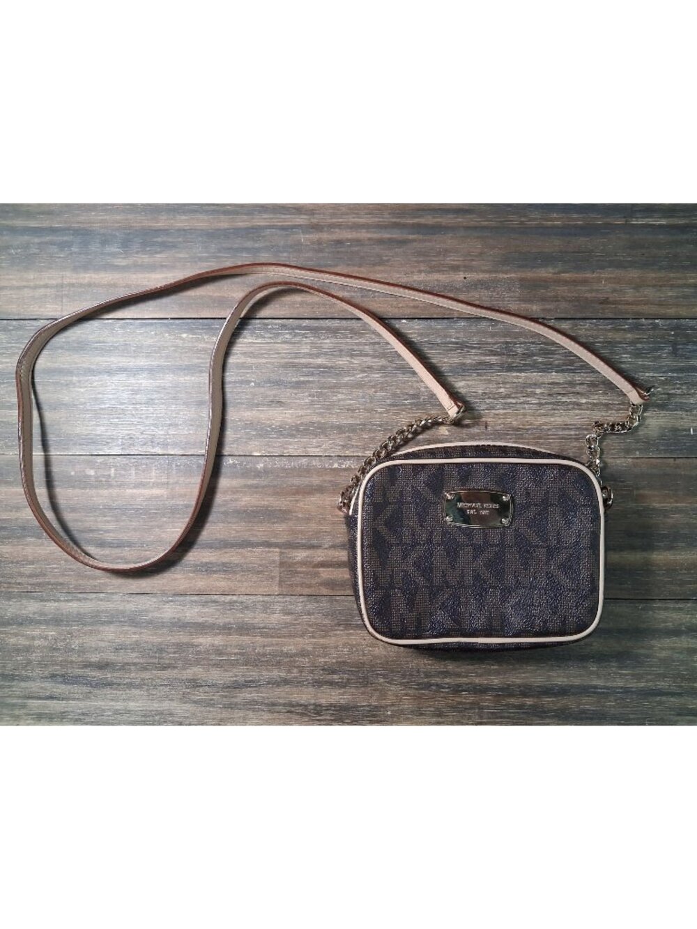 Michael Kors Jet Set Mini Crossbody Bag Brown Monogram MK Logo Gold Chain Purse